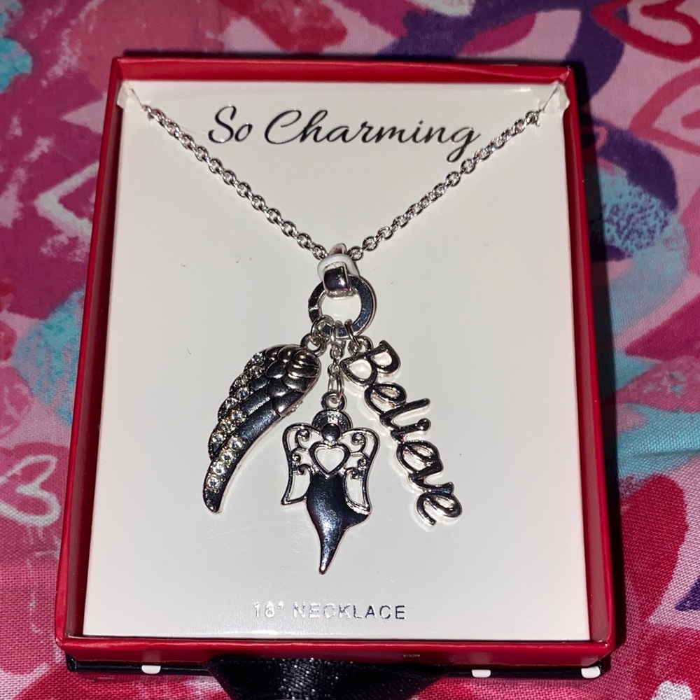Triple Charm Believe Silver Necklace with Wing and Angel Charms
